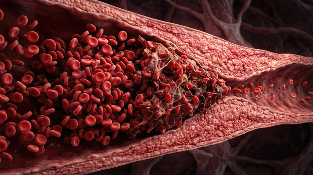 Blood clot thrombus blocking red blood cells stream artery concept. Detailed view of human blood flow in a blood vessel.