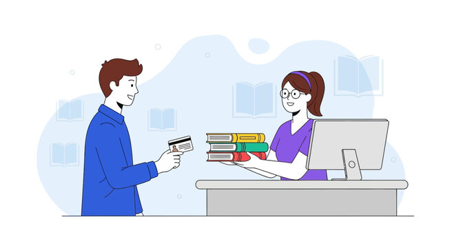Customer paying with credit card for books at library counter illustration