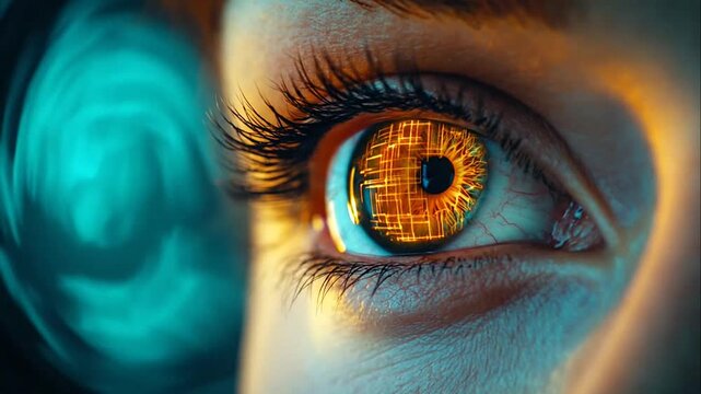 Extreme close up of a human eye with a glowing digital circuit pattern reflecting in the iris against a blue and orange light background