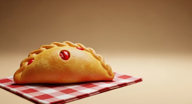 Delicious empanada on red checkered plate.