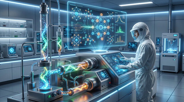 Extraction process of precious rare earth elements refinement concept. Futuristic laboratory with advanced technology and experiments.