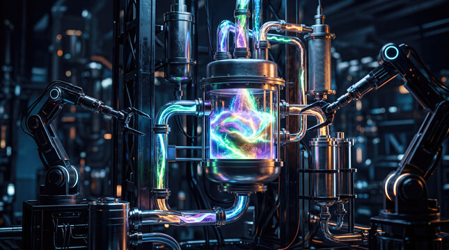 Extraction process of precious rare earth elements refinement concept. Futuristic laboratory with colorful energy in advanced machinery.