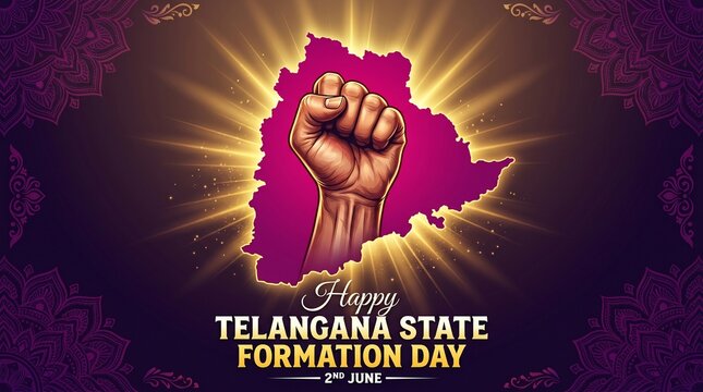 Happy Telangana State Formation Day Vector Illustration with Map Silhouette, Raised Fist Symbol of Strength, and Cultural Mandala Patterns on June 2nd Background