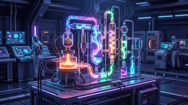 Extraction process of precious rare earth elements refinement concept. Futuristic laboratory with colorful glowing equipment and monitors.