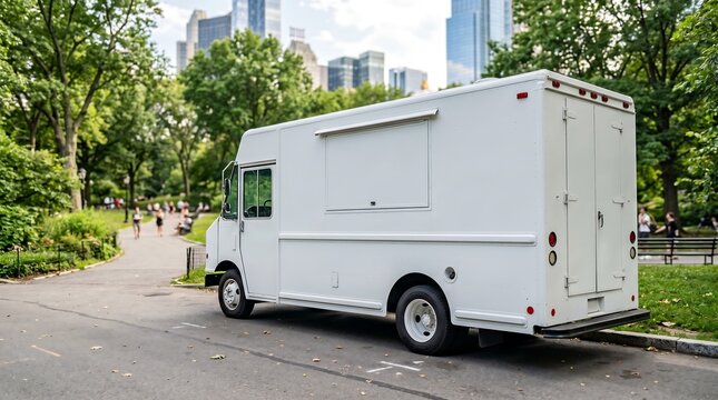 Blank white food truck parked in a city park with skyline