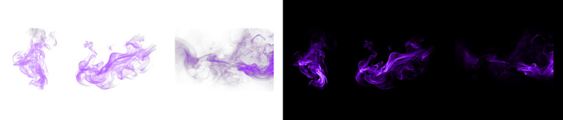Purple magic smoke trails flowing elegantly on varied backgrounds set. © Ontime Rahela