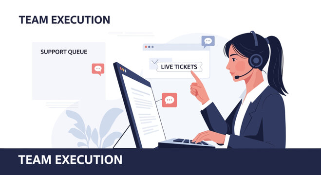 Customer Service Agent Working Live Tickets with Support Queue and Laptop