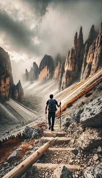 Adventurer Ascending through Misty Mountain Trails