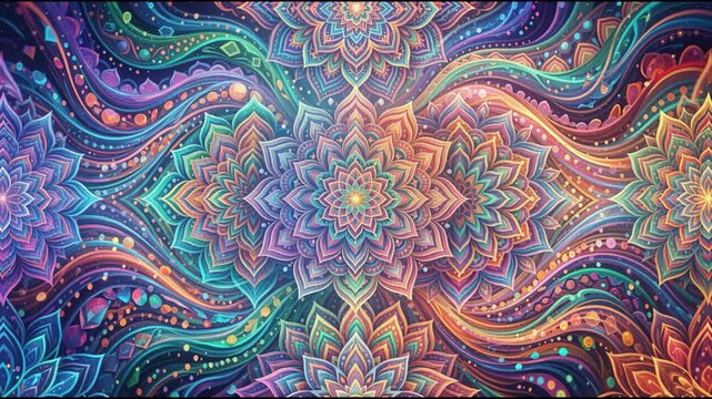 Intricate floral pattern repeating across a spiritual journey with bright waves and zen elements.