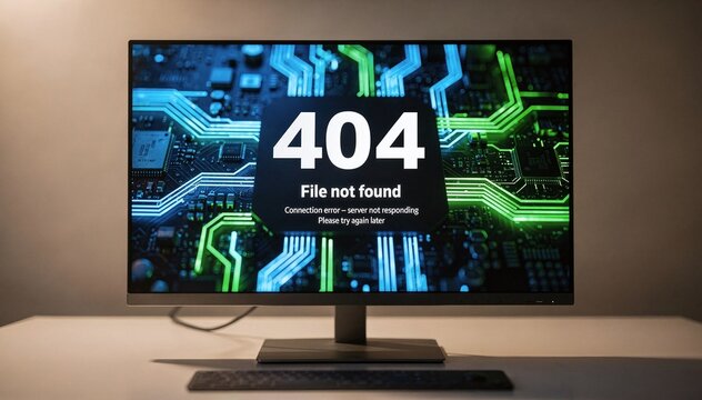 Computer Monitor Displaying a 404 File Not Found Error Message with Circuit Board Background Illustrating Digital Malfunction and Technical Problem