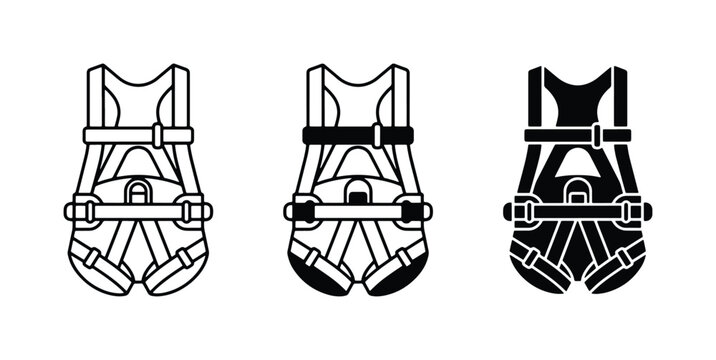Safety Harness Icons, Fall Protection Gear, Climbing Equipment, Industrial Safety Vector Set