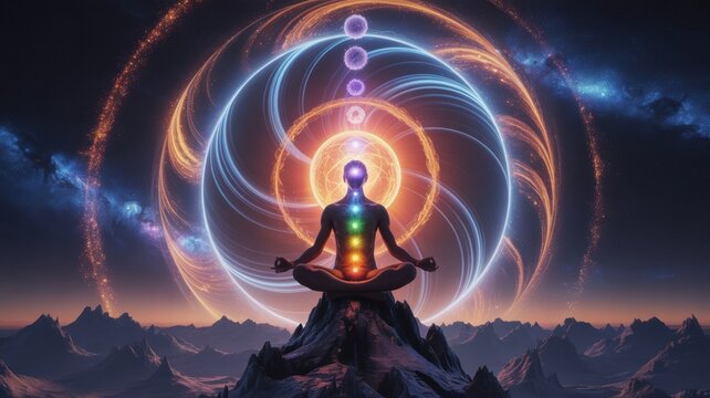 Meditating human silhouette sits atop a mountain peak while glowing energy centers align vertically within a swirling cosmic vortex representing deep spiritual balance and universal enlightenment