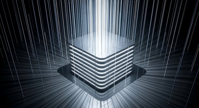 Futuristic metallic cube, glowing silver lines, abstract technology background, 3D rendering