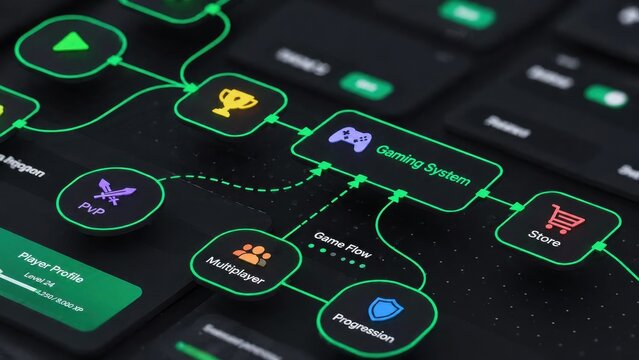 Digital game system flowchart with icons for gaming multiplayer progression and trophy achievements