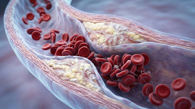 Blocked blood vessel artery poor circulation risks heart health concept. Illustration of blood cells and plaque in a blood vessel.
