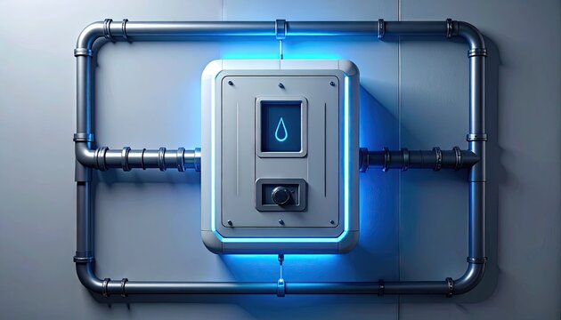 Modern water control system with pipes and glowing blue details