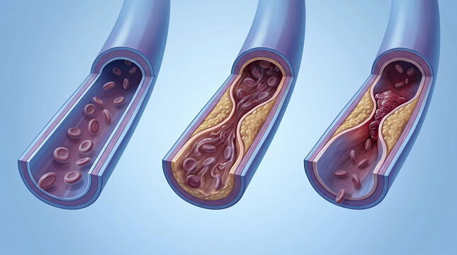Blocked blood vessel artery poor circulation risks heart health concept. Illustration of blood flow in healthy and obstructed arteries.