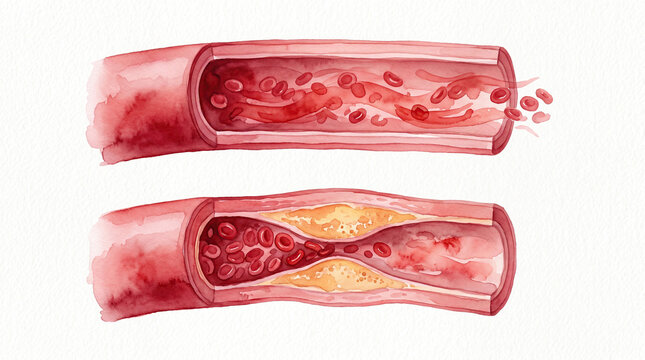 Blocked blood vessel artery poor circulation risks heart health concept. Illustration of blood flow in healthy and blocked vessels.