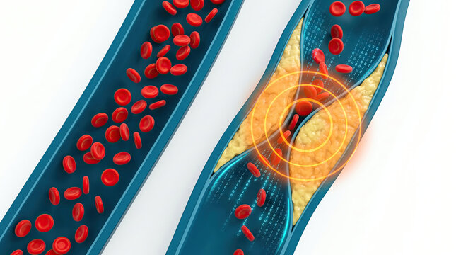 Blocked blood vessel artery poor circulation risks heart health concept. Illustration of blood vessels and circulation with red blood cells.