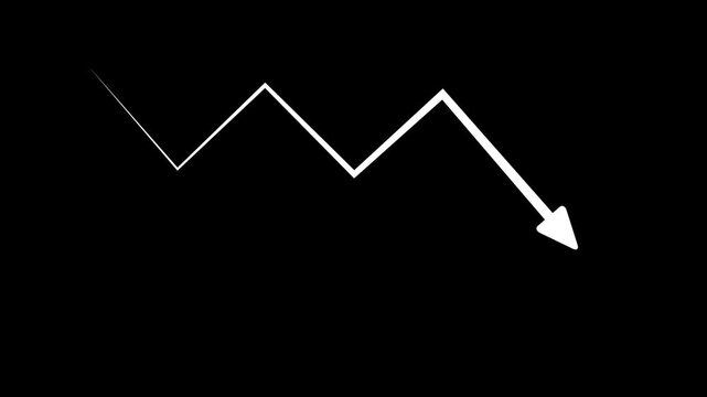 Minimalist white declining arrow on black background showing financial loss , with video animation.