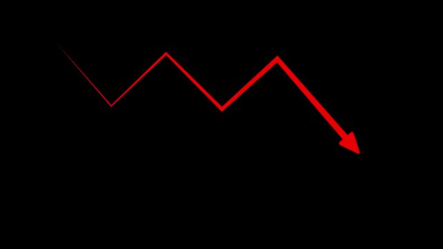 Red arrow pointing down on black background representing financial danger and alert, with video animation.