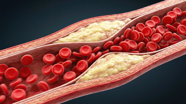 Blocked blood vessel artery poor circulation risks heart health concept. Illustration of blood vessels showing red blood cells and plaque.