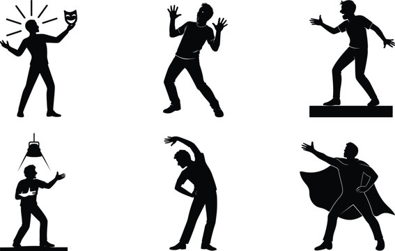 Acting silhouette set featuring actor stretching rehearsal surprised pose bold cape improv comedy performer expressive stage collection.