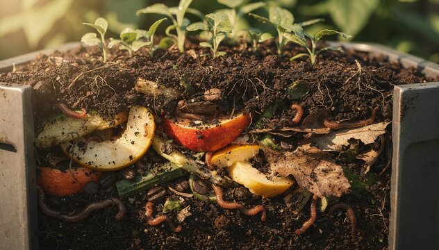 Healthy soil ecosystem in a compost bin with organic waste, worms, and young plant sprouts, demonstrating sustainable gardening and natural fertilization methods