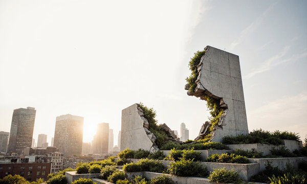 A shattered skyscraper silhouette reassembling into a green terraced garden, panoramic city skyline angle at sunrise with hopeful light, photoreal