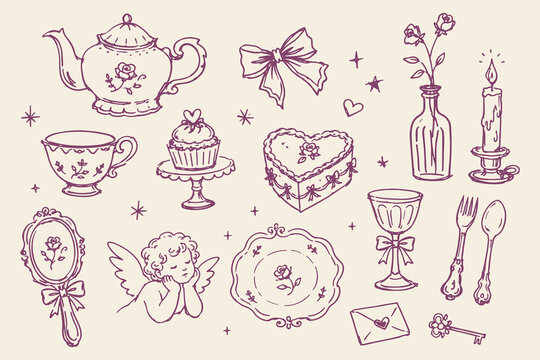 Romantic Tea Party Elements Purple Ink Sketch Set Vector