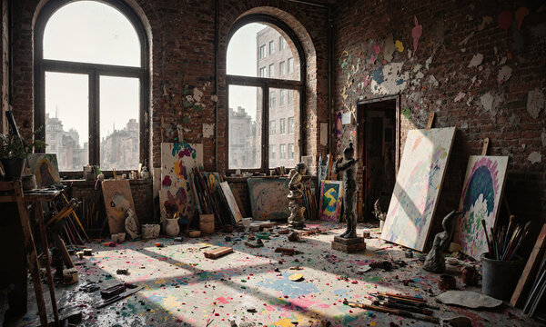 Artist studio loft workspace with paint splatters on the floor and walls featuring large arched windows and city views