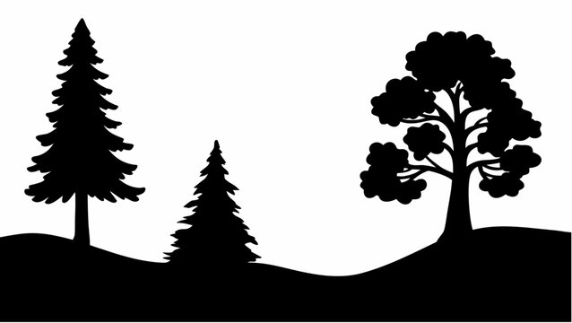 Black silhouette of pine and deciduous trees on a hill nature icon set for design and decoration purposes