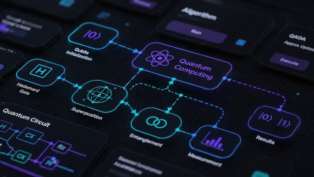 Digital quantum computing interface showcasing entanglement and measurement processes