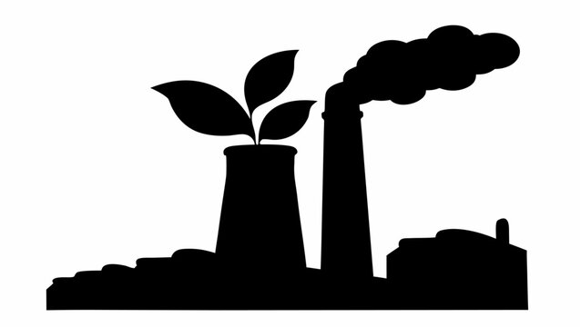 Eco friendly factory silhouette with leafy plant and smoke stack emission