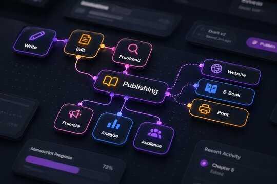 Digital Publishing Workflow Flowchart with Icons and Connections