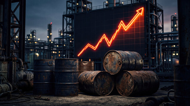 Rusty oil barrels stacked foreground financial charts rising prices concept. Industrial setting showcasing growth and production efficiency.