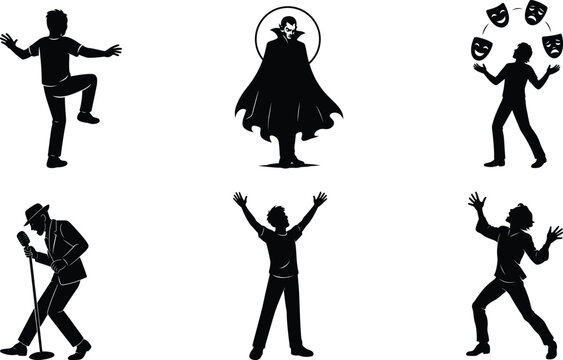 Acting silhouette set featuring dancer balance pose dramatic arms vampire microphone performer juggling comedy tragedy masks collection.