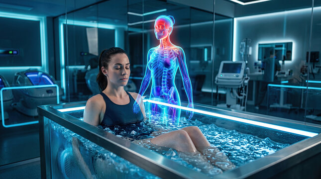 Woman taking a cold plunge at a recovery room concept. Innovative therapy in a futuristic healing environment.