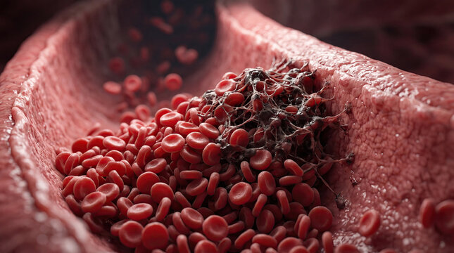 Blood clot thrombus blocking red blood cells stream artery concept. Microscopic view of blood cells in a human artery.