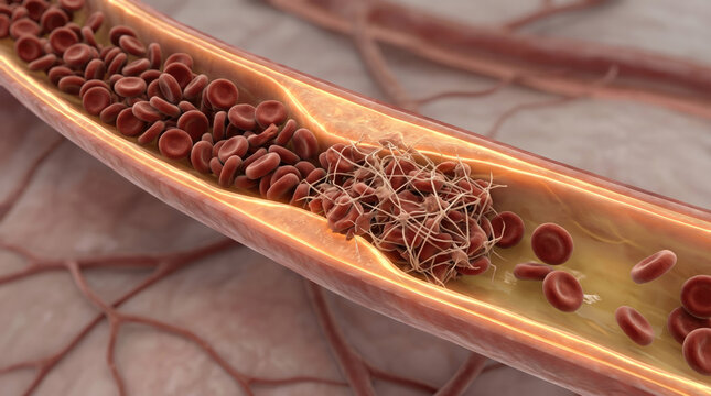 Blood clot thrombus blocking red blood cells stream artery concept. Microscopic view of blood flow in the human circulatory system.