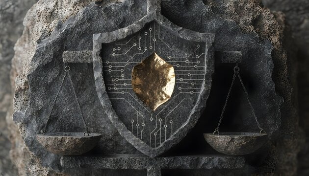 Stone shield with golden center and digital circuit pattern on scales