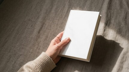 Obraz premium A hand holds a white hardcover book on a surface.