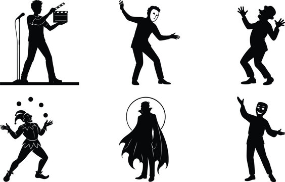 Acting silhouette set featuring gothic vampire jester masked performer comedic pose clapperboard theatrical stage collection.