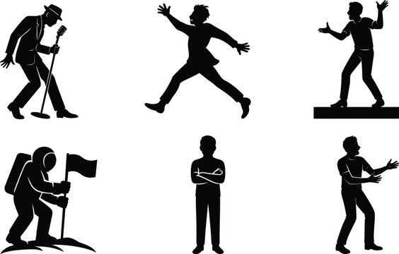 Acting silhouette set featuring microphone performer leap astronaut moon improv comedy mime pose skeptical crossed arms collection.