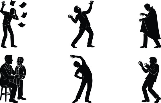 Acting silhouette set featuring ventriloquist dummy scared actor cloak pose rehearsal stretch surprised gesture script frustration stage collection.