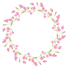 Obraz premium Minimal pink flower wreath with delicate branches in elegant flat vector style Romantic botanical circle isolated on white background for invitations, feminine branding, greeting cards and girls decor