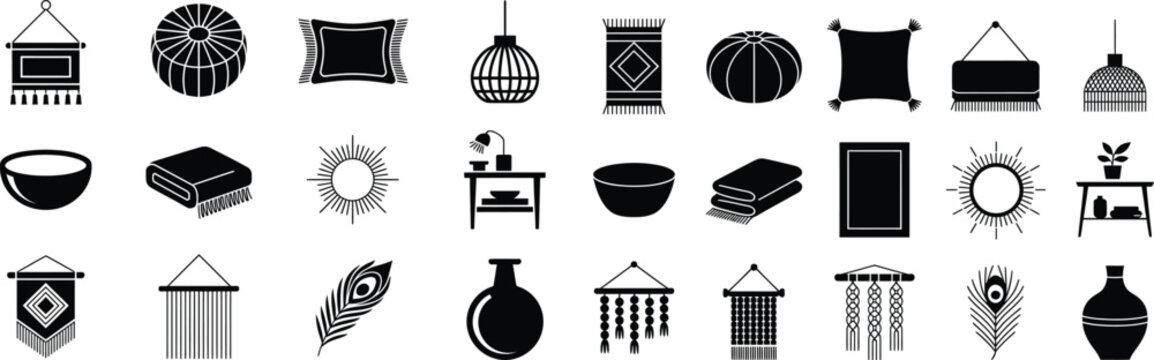 Bohemian home decor and interior design icon set with macrame wall art cushions lamps rugs and decorative pottery items.
