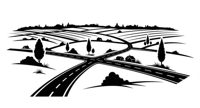 Crossroads of roads and fields in a stylized landscape illustration.
