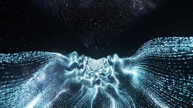 Glowing blue digital wave pattern in space.