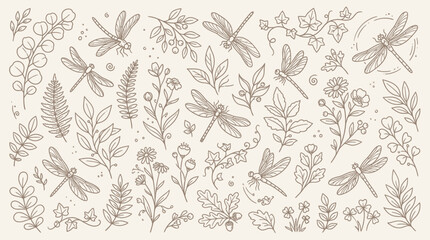 Collection of Hand-Drawn Botanical Elements and Dragonflies in a Vintage Sketch Style. © Bara